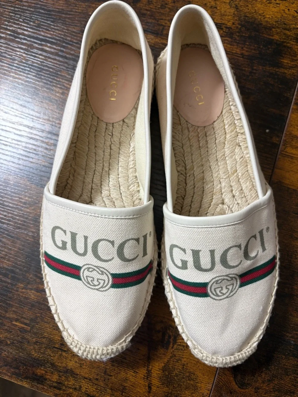 Gucci White Canvas Logo Espadrille Flats with Green and Red Stripe - Picture 9 of 9